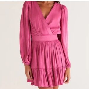 Z Supply Fuchsia Wrap V-Neck Long-Sleeve Mini Dress